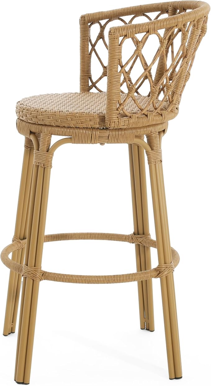 Christopher Knight Home Harrison 28.75"H Outdoor Barstools Set of 2, Rattan Bar Chair, Barrel Backrest Counter Stool, Country Style Bistro Stool, Patio Barstools for Gardern Orchard Yard, Light Brown