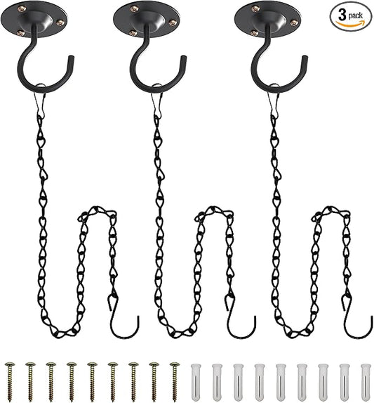 NACETURE Ceiling Hooks for Hanging Plants 3 Pack - Plant Hanger Indoor Hanging Hooks Metal Plant Bracket Iron Lanterns Hangers for Wind Chimes (Black 3 Pack + Chain)