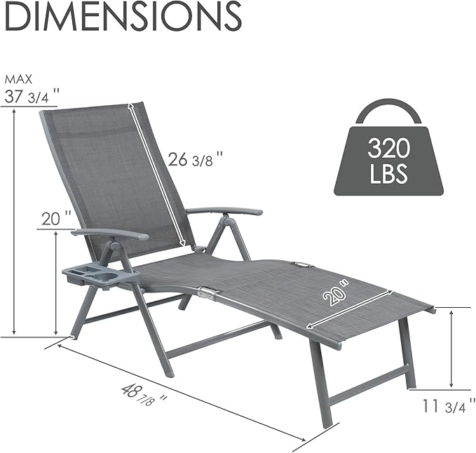 Kozyard Aluminum Outdoor Chaise Lounge Chair, Adjustable Reclining Patio Lounge with Drink Holder, Weather-Resistant Pool, Deck & Yard Recliner,Assemble-Free (Gray, 2Chairs)