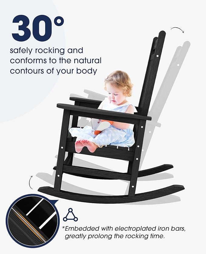 KINGYES Oversized Outdoor Rocking Chair Set of 8, All-Weather Patio Rocking Chairs for Porch, HDPE Outdoor Patio Rockers with High Back & Wide Seat for Garden, Lawn, Black