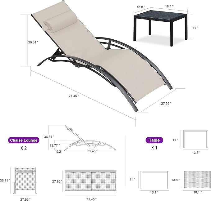 PURPLE LEAF Patio Oversized Chaise Lounge Chair Set with Side Table Pool Adjustable Recliner Chairs for Outside Beach Outdoor Sunbathing Tanning Poolside Lounges