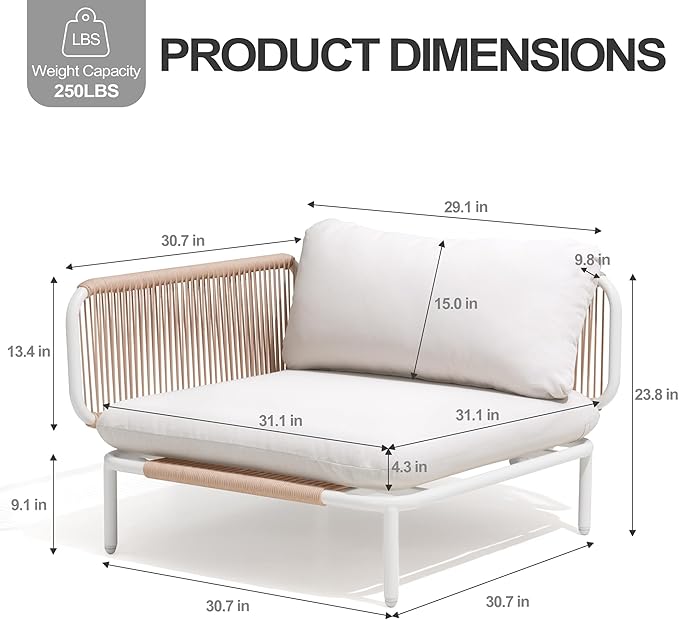Patio Furniture Set, Outdoor Patio Furniture 31" Oversized Metal Patio Sectional Sofa, 2-Seat Conversation Set with Cushion, Beige