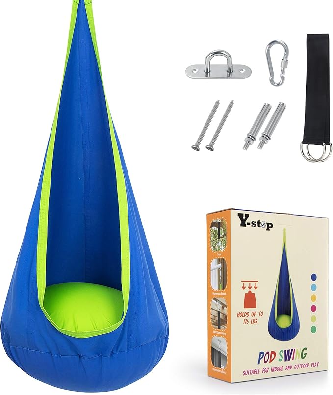 Y- STOP Kids Pod Swing Seat, Hanging Hammock Chair Swing with Inflatable Pillow, Sensory Swing Chair with Pocket for Outdoor and Indoor (Blue and Green)