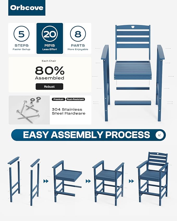 Patio Bar Table,Adirondack Chairs and Table 4 Pieces Set, Bar Height Chairs Set of 4, Outdoor Bar Stools Set,Weather-Resistant Outdoor Furniture for Deck, Balcony, Poolside Easy Assembly