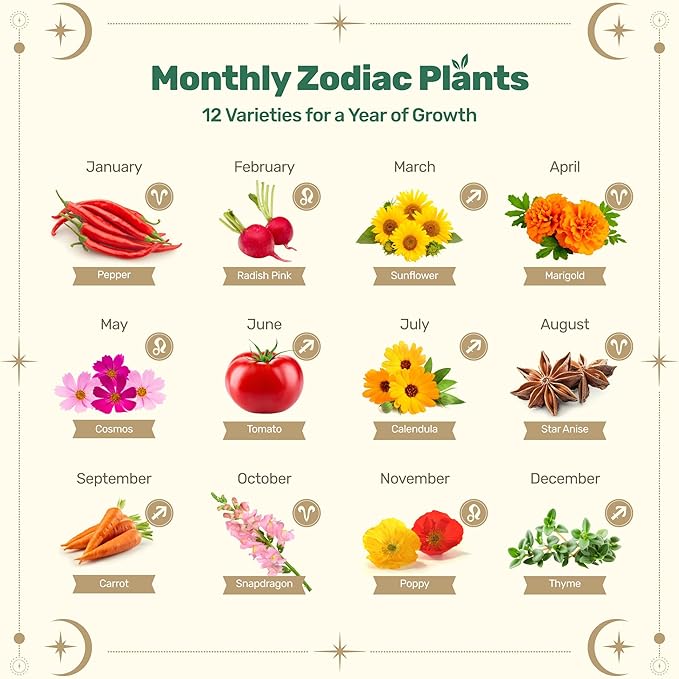Lush&Dew Gardening Gifts for Women Men, Zodiac Garden Seed Bank, 12 Varieties Non-GMO Heirloom Vegetables Flower Seeds, Hand Craft Storage Box with Moon Calendar for Fire Signs, USDA Zone 3-11