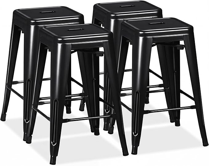 Shahoo 24 Inches Metal Bar Stools Counter Height Stackable Backless Stools, Industrial Patio Stools Indoor Outdoor Metal Kitchen Stools Set of 4 (Black, 24'')