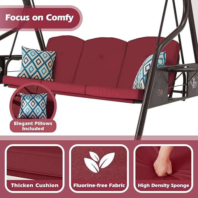 3-Seat Patio Porch Swing 800LBS Outdoor Swing with Stand w/Canopy & Adjustable Backrest Patio Glider Chair w/Removable Pillows & Foldable Side Tray for Balcony Garden Deck (Wine Red)