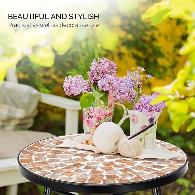 VINGLI Mosaic Outdoor Side Table, 14" Round End Table, Accent Table, Plant Stand Ideal for Pool Side, Porch, Patio, Deck or Sofa Side, Glass Top Black Iron, Golden Backyard
