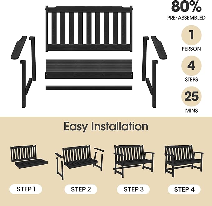 Ciokea 49" Heavy Duty Outdoor Bench Set of 2, HDPE Weatherproof Garden Bench, 2-Person Memorial Benches with 660 Lbs, Waterproof Patio Porch Benches for Outside Business Deck Office Backyard, Black