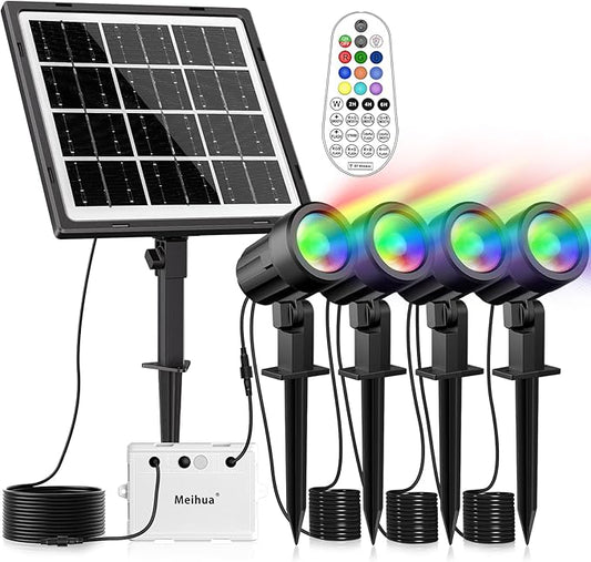 MEIHUA Solar Spot Lights Outdoor Color Changing, 4 in 1 Landscape Lighting RGB Spotlights with Remote Control, IP66 Waterproof Solar Lights Outdoor Garden for Pathway Yard Pool Tree
