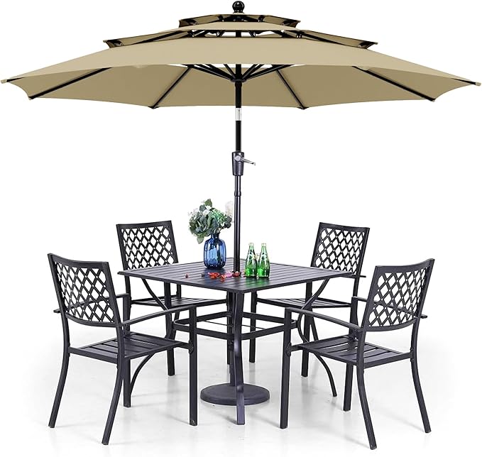 PHI VILLA Outdoor Dining Set 6 PCS with 10ft 3-Layer Round Umbrella(Beige),1 Square 37"x 37"Dining Table,4 Bistro Chairs& 10ft Patio Umbrella