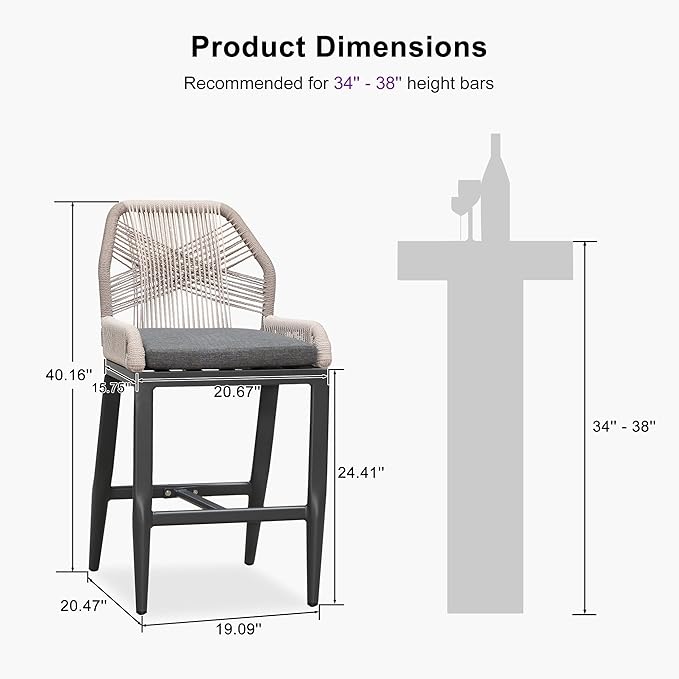 PURPLE LEAF Patio Bar Stool Counter Height Set of 4 Outdoor Rattan Chairs with Back Modern Aluminum Woven Barstools for Garden Indoor Kitchen Gray