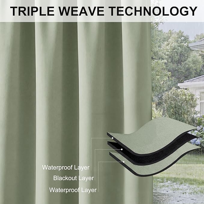 RYB HOME Extra Wide Outdoor Curtains for Patio Waterproof Heavy Duty Thermal Insulated in Summer Full Coverage Privacy for Porch, Gazebo & Pergola, W100 x L84, Sage Green, 1 Panel