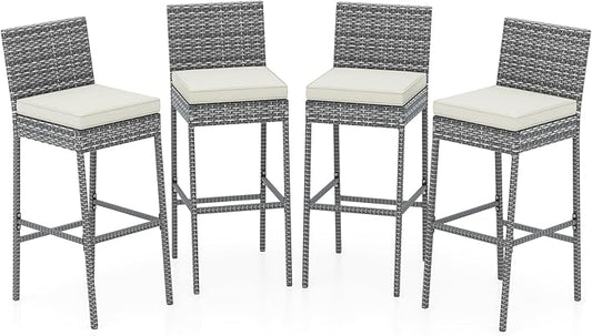 HAPPYGRILL Patio Wicker Barstools Set of 4, Outdoor Bar Height Chair w/Soft Seat Cushion & Cozy Footrest, Heavy-Duty Metal Frame, 400 lbs Max Load, Rattan Armless Bar Chairs