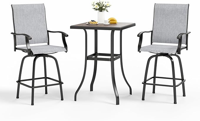 MFSTUDIO 3 Piece Outdoor Swivel Bar Set, Outdoor Bar Table and Chairs Set, Patio High Top Table and Chairs, Tall Bistro Set Patio Bar Height Table with 2 Chairs, Light Grey
