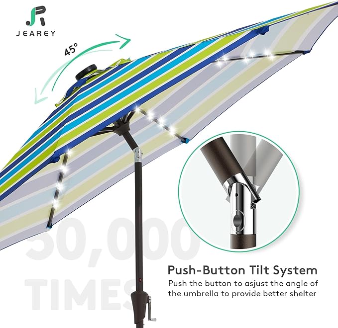 JEAREY 9FT Outdoor Patio Umbrella with Solar Lights, LED Lighted Pool Umbrella with Tilt and Crank, Outdoor Table Umbrellas for Deck, Yard & Market (Blue Green Striped)