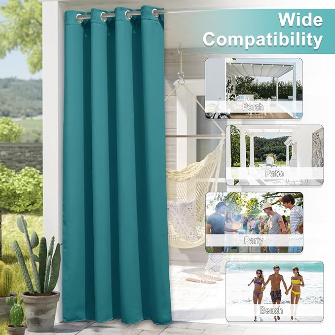NICETOWN 2 Panels Peacock Teal Outdoor Curtains for Patio Waterproof 108" Long, Triple Weave Rustproof Grommet Thermal Insulated Privacy Room Darkening for Gazebo/Pergola, W52 x L108