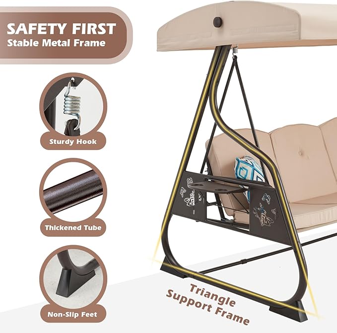 3-Seat Patio Porch Swing 800LBS Outdoor Swing with Stand w/Canopy & Adjustable Backrest Patio Glider Chair w/Removable Pillows & Foldable Side Tray for Balcony Garden Deck (Khaki)