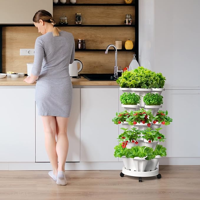 Strawberry Vertical Planter, Stacking Garden Tower, 6 Tiered Stackable Herb Vegetable Planters with Movable Casters and Bottom Saucer Indoor and Outdoor - Black