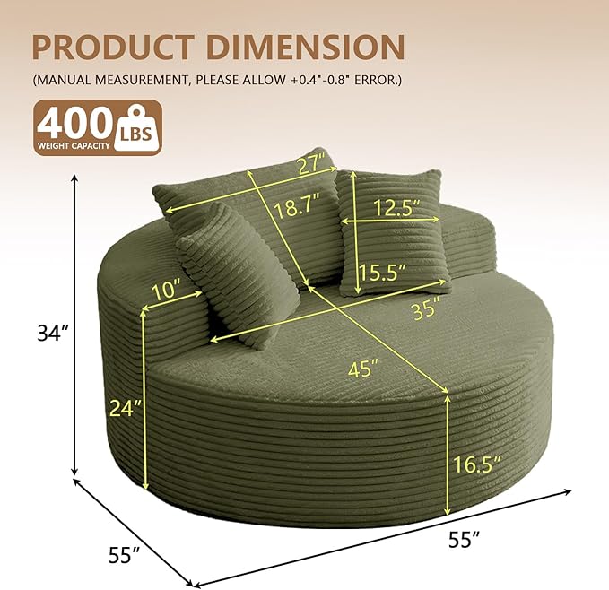 Oversized Round Chair Lounge Chaise Indoor, Upholstered Corduroy Deep Seat Cloud Large Circle Sofa Chair, No Assembly Required, Fluffy Modern Sleeper Sofa Bed for Reading, Living Room, Light Green
