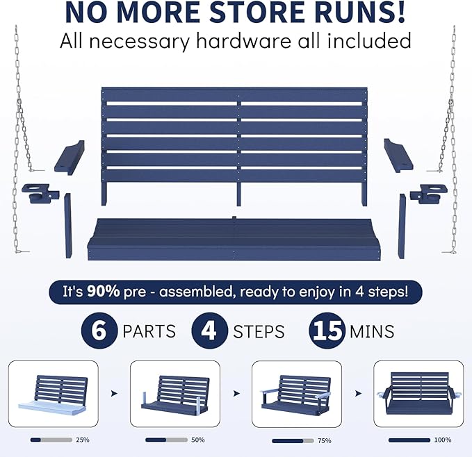 Plawdlik Porch Swings,2 Seat Patio Chair with Two Cup Holders,HDPE Waterproof Bench for Courtyard-Navy Blue