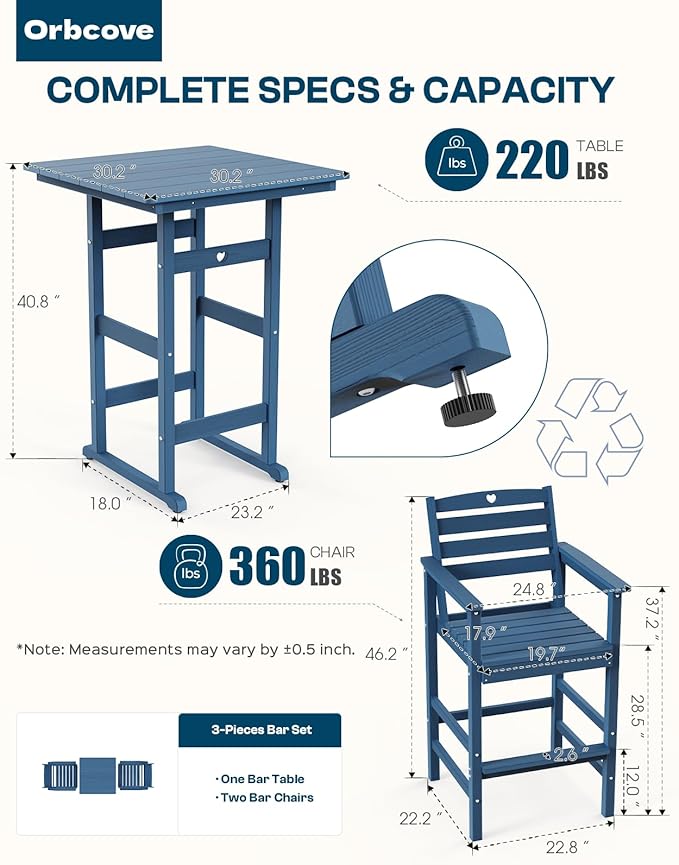 Patio Bar Table,Adirondack Table1 Pieces Set, Bar Height outdoor bar table Set of 1, Outdoor Bar Stools Set,Weather-Resistant Outdoor Furniture for Deck, Balcony, Poolside Easy Assembly, Navy Blue