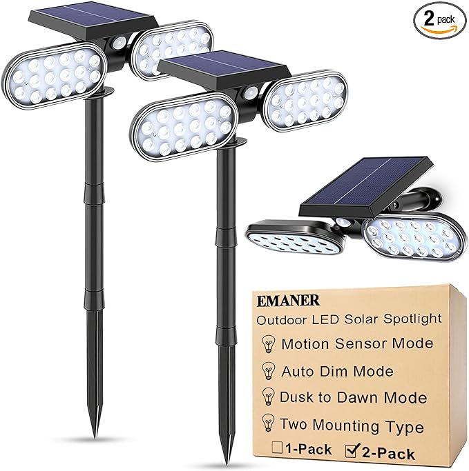 EMANER Motion Solar Lights Outdoor, Solar Floodlight, Stay On or Motion Sensor Mode, Dusk to Dawn Security Light, Landscape Spotlights for Garage Fence Driveway Solar Powered, 2-Pack