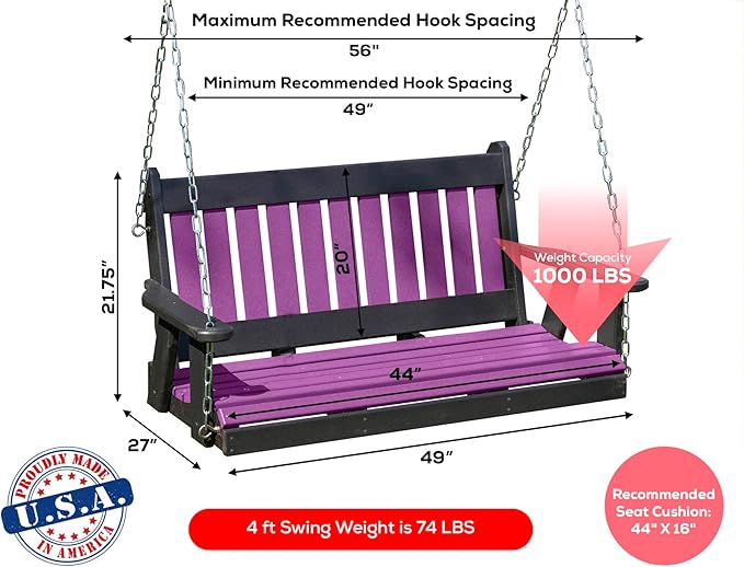 Poly Lumber Wood 4FT Mission Porch Swing Amish Craftsmandship Made in USA HDPE with No Wood fibers 1000 lbs Limit. Stainless Steel Hardware.Signature Design for Patio Outdoor Backyard Garden Park