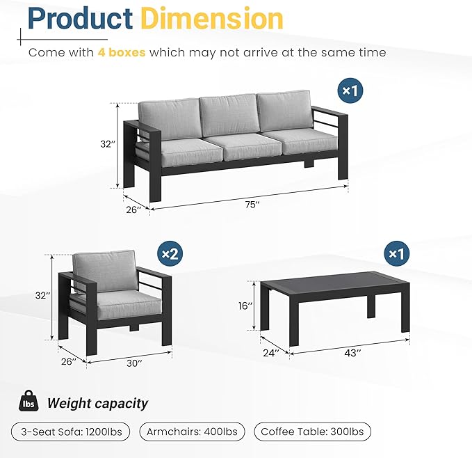 Wisteria Lane Aluminum Patio Furniture Set for All Weather, Oversized Metal Outdoor Furniture Set with 27.5" Deep Seat and 10" Back Cushion, Patio Conversation Sets with Wide armrest, Light Gray