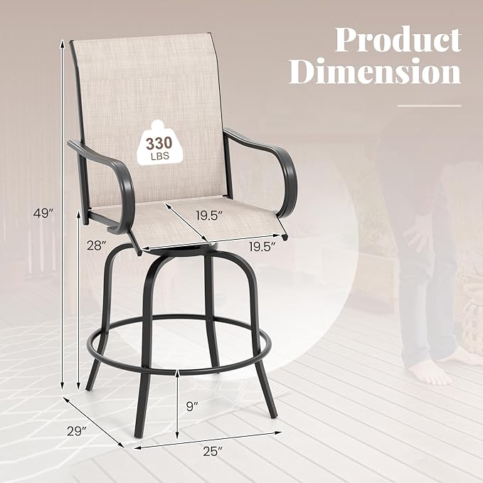 Giantex Set of 4 Swivel Outdoor Bar Stools, All-Weather Bar Height Patio Chairs, 330LBS Capacity, 360 Rotating Outside Bar Chairs with High Back Armrests, for Porch Yard Lawn Garden Pool (Grey)