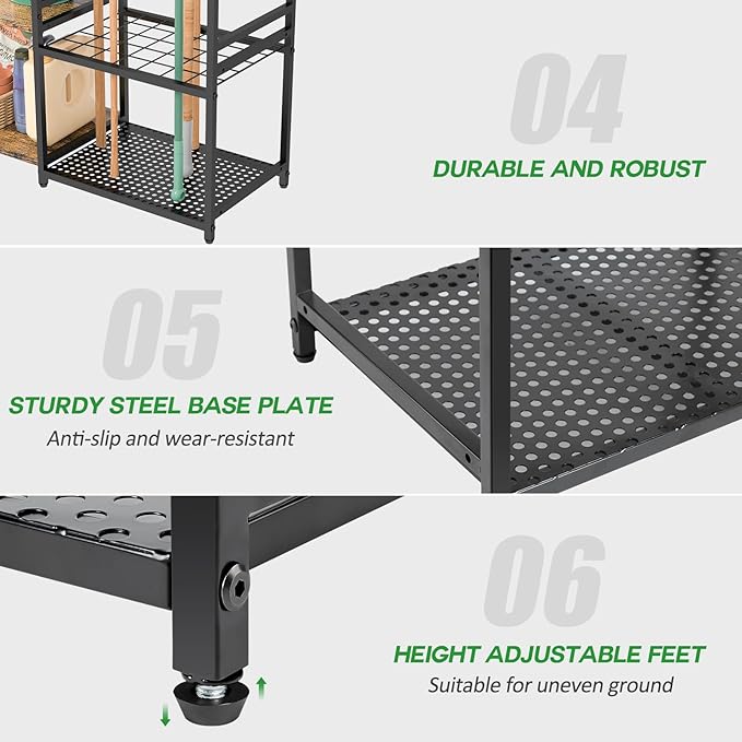 Garage Tool Organizer with 2-tier Wooden Shelves, Yard Tool Organizer for Garage with 6 Hooks, Heavy duty Steel Garden Tool Rack Holds up to 35 Long Handled Yard tools for Storage, Black