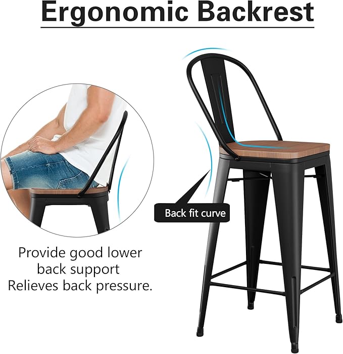 Alunaune 24" Swivel Metal Bar Stools Set of 4 High Back Counter Height Barstools Industrial Dining Bar Chairs with Large Wooden Seat-Matte Black