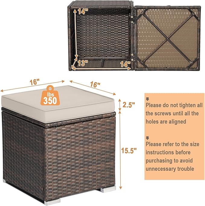 RELAX4LIFE Wicker Outdoor Storage Ottoman, 2-Piece Rattan Footstool w/Removable Cushion, Multipurpose Footrest Stool Side Table Additional Seating, Set of 2 Outdoor Ottomans for Patio Deck (Beige)