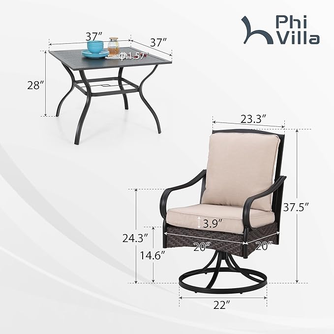 PHI VILLA 5-Piece Outdoor Dining Sets, All-Weather Patio Table and Chairs Set for 4, Heavy Duty Patio Table Set Square for Deck, 4 Extra Large Outdoor Metal Wicker Dining Chairs with Thick Cushions