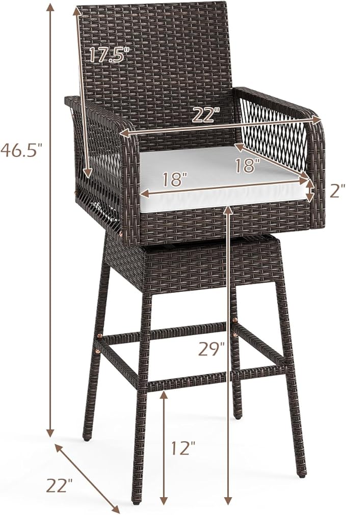 ORALNER Outdoor Wicker Swivel Bar Stools Set of 4, 29" Bar Height Patio Rattan Dining Chair with Armrests, Footrest & Seat Cushion, Metal Frame, for Backyard, Porch, Poolside, Deck (4, White)