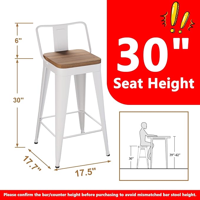 WENTMENT Metal Bar Stools Set of 2 Counter Height Barstools with Removable Back 30" Kitchen Bar Stools with Wooden Seat,Off White