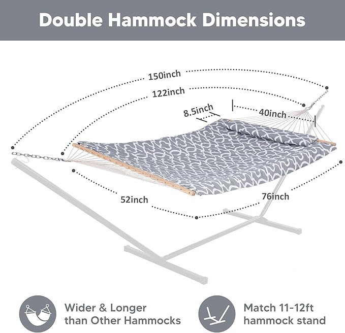 SUNCREAT Hammocks Heavy Duty Hammock with Hardwood Spreader Bar, Double Rope Hammock with Polyester Pad, Grey