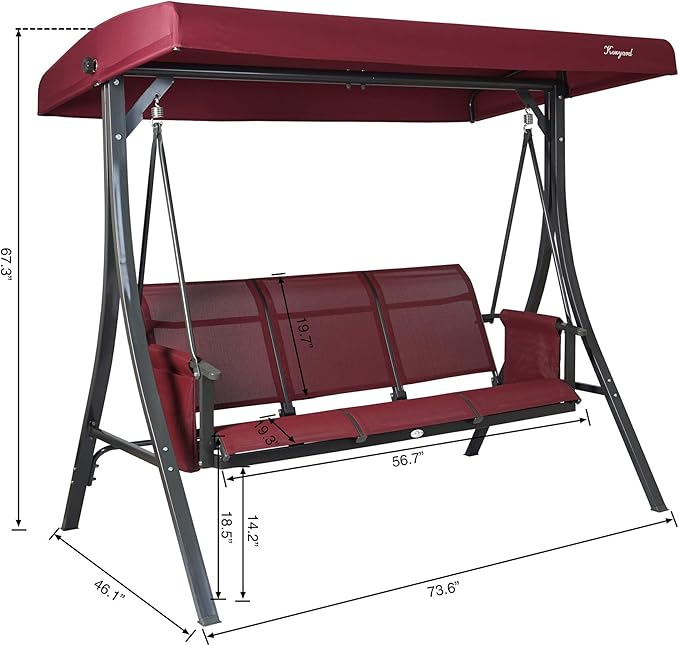 Kozyard Brenda 3-Seat Outdoor Porch Swing Glider, Patio Swing with Adjustable Canopy, Steel Frame, Breathable Textilene Seat & Back, Side Pockets (Burgundy)