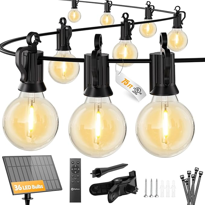 Brightown 75FT Solar String Lights Outdoor with Remote and 36 LED Shatterproof Bulbs, Dimmable & Timable, 3 Light Modes, Solar Patio String Lights Outdoor for Cafe, Garden, Deck, Outside Wedding