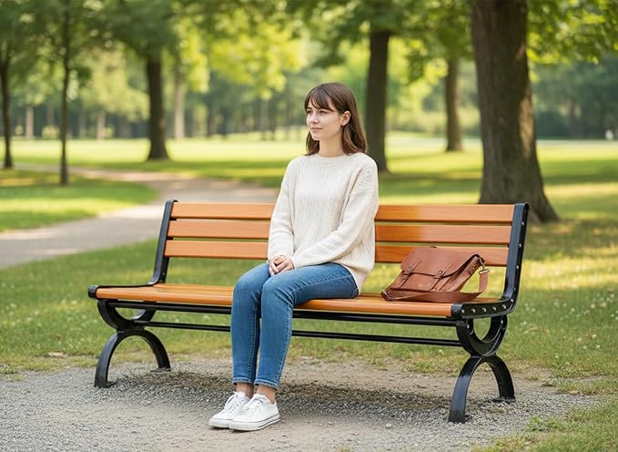 Outdoor Benches Cast Aluminum Preservative Wood 67IN(170CM) Patio Garden Bench Perfect for Backyard, Lawn, Porch, Path