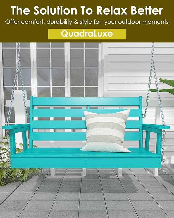 GREENVINES Porch Swing | 51’’ | HDPE Plastic | for Outdoor Patio | All Weather | Waterproof Bench Swings | w/ 4 Stainless Steel Chains | Aqua
