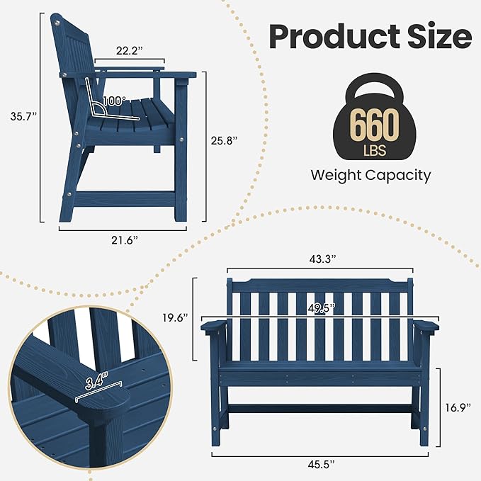 Ciokea 49" Heavy Duty Outdoor Bench Set of 2, HDPE Weatherproof Garden Bench, 2-Person Memorial Benches with 660 Lbs, Waterproof Patio Porch Benches for Outside Business Office Backyard, Navy Blue