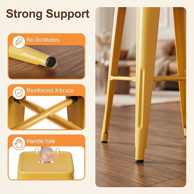 Shahoo 24 Inches Metal Bar Stools Counter Height Stackable Backless Stools, Industrial Patio Stools Indoor Outdoor Metal Kitchen Stools Set of 4 (Yellow, 24'')