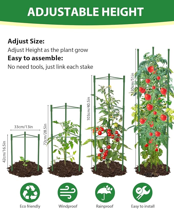 8 Pack Tomato Cages for Garden, 51in*13in Adjustable Tomatoes Plant Stakes Support Cages Trellis, Garden Trellis for Vegetable Flowers Fruits Climbing Plants- 20 Binding Wires Included