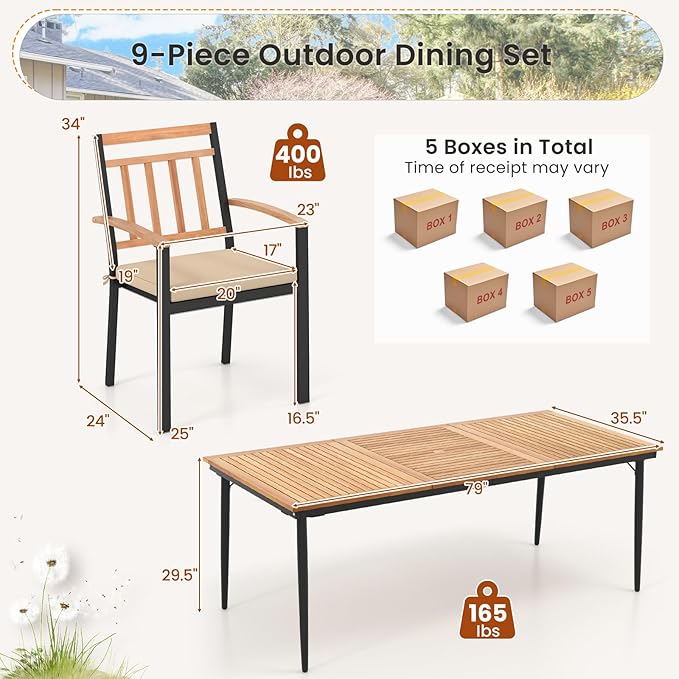 Tangkula 9-Piece Patio Dining Set, 79" Rectangle Dining Tables with 8 Wooden Armchairs, Outdoor Acacia Wood Dining Furniture Set with 1.9" Umbrella Hole for Garden, Porch, Deck