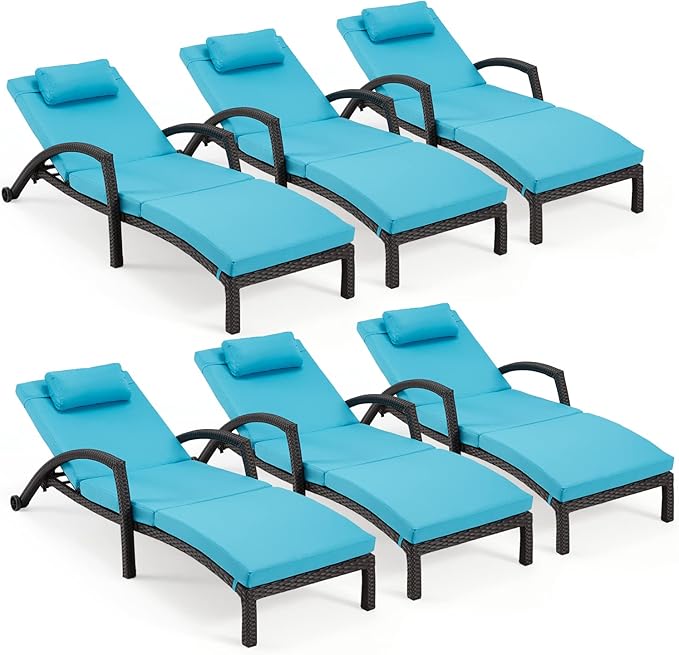 HOMREST Chaise Lounge Chairs Set of 6, PE Rattan Wicker Lounge Chair with Arm and Wheels for Poolside,Blue