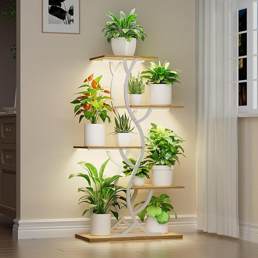 Plant Stand Indoor with Grow Lights - 44" Tall Corner Plant Stands for Indoor Plants, 5 Tiered Metal Plant Shelf, Curved Plant Flower Holder Dispaly Rack for Living Room, Home Patio Balcony (White)