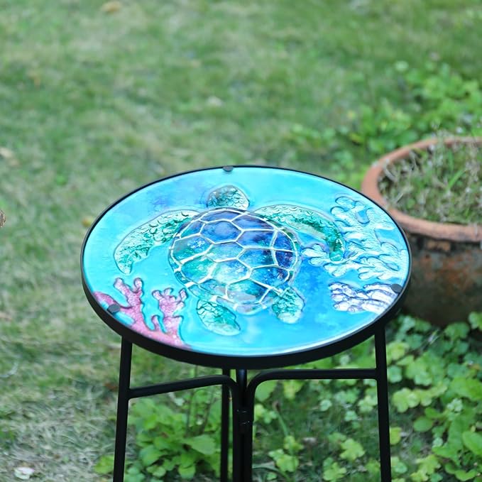VCUTEKA Patio Side Table Outdoor Accent Table Bistro Coffee Table Plant End Table Small Porch Table Indoor Round Glass Balcony Plant Table Stands Sea Turtle 12''