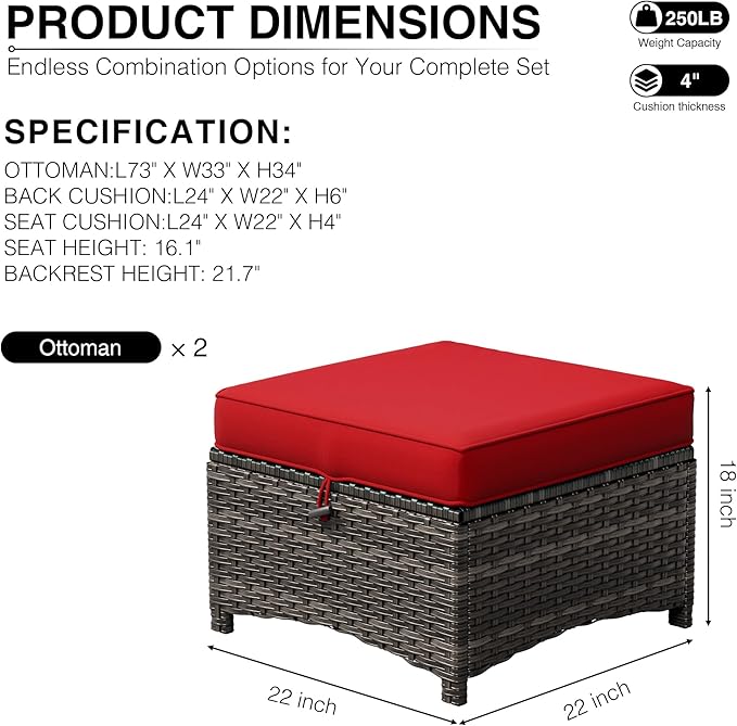 Joyside Outdoor Ottoman Set of 2, Patio Large Ottoman Foot Rest with Thickened Cushions, Outdoor Wicker Foot Stool for Porch, Deck Use