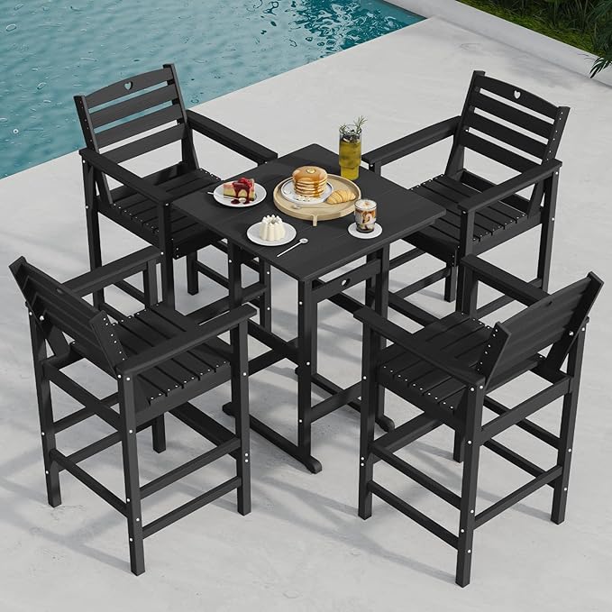 Patio Bar Table,Adirondack Chairs and Table 4 Pieces Set, Bar Height Chairs Set of 4, Outdoor Bar Stools Set,Weather-Resistant Outdoor Furniture for Deck, Balcony, Poolside Easy Assembly